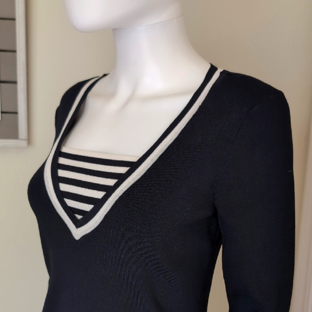 Cable & Gauge Black&White ¾Sleeve Viscose/Nylon Nautical Stripe V-neck NWOT SzM